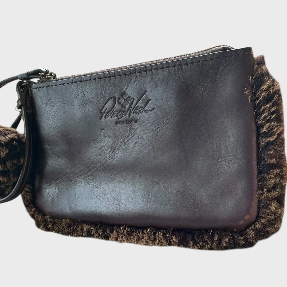 Patricia Nash Brown Leather Faux Fur Trim Wristlet Clutch Zip Pouch